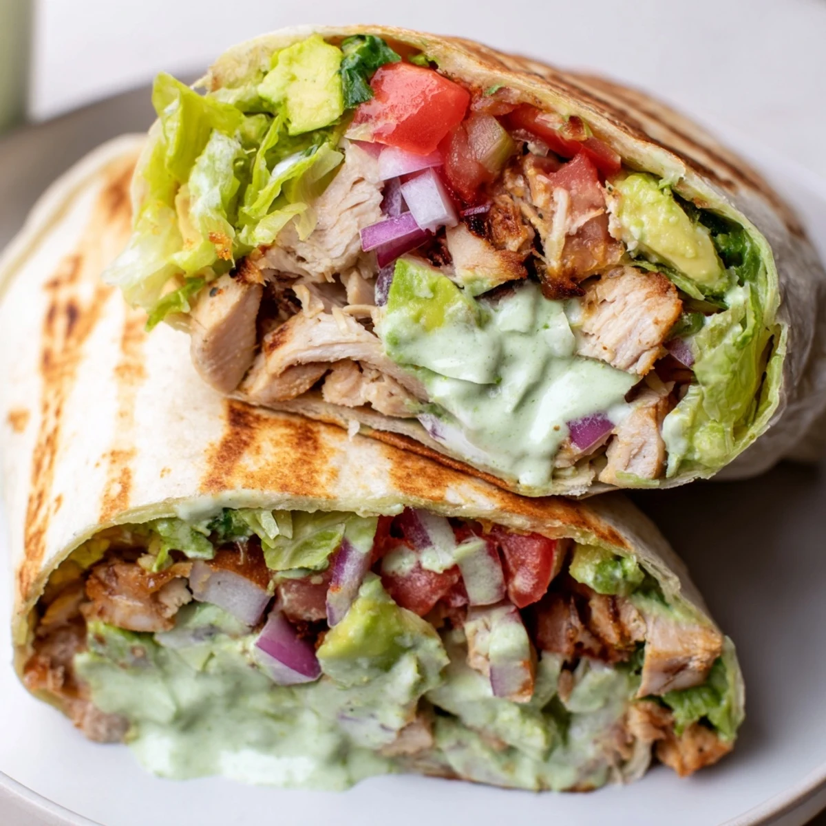 Warm Chicken Avocado Ranch Burritos sliced to show creamy avocado and melted cheese