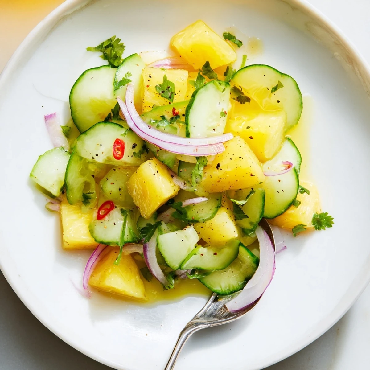 Pineapple Cucumber Salad with juicy chunks, cool cucumber ribbons, bright lime aroma.
