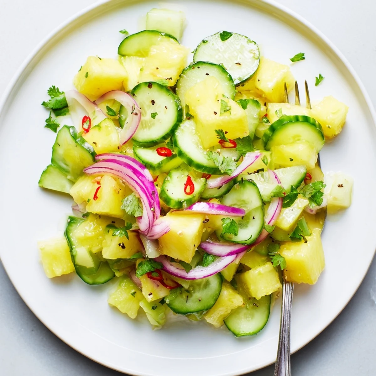 Pineapple Cucumber Salad tossed with cilantro, red onion, and spicy sliced chili.