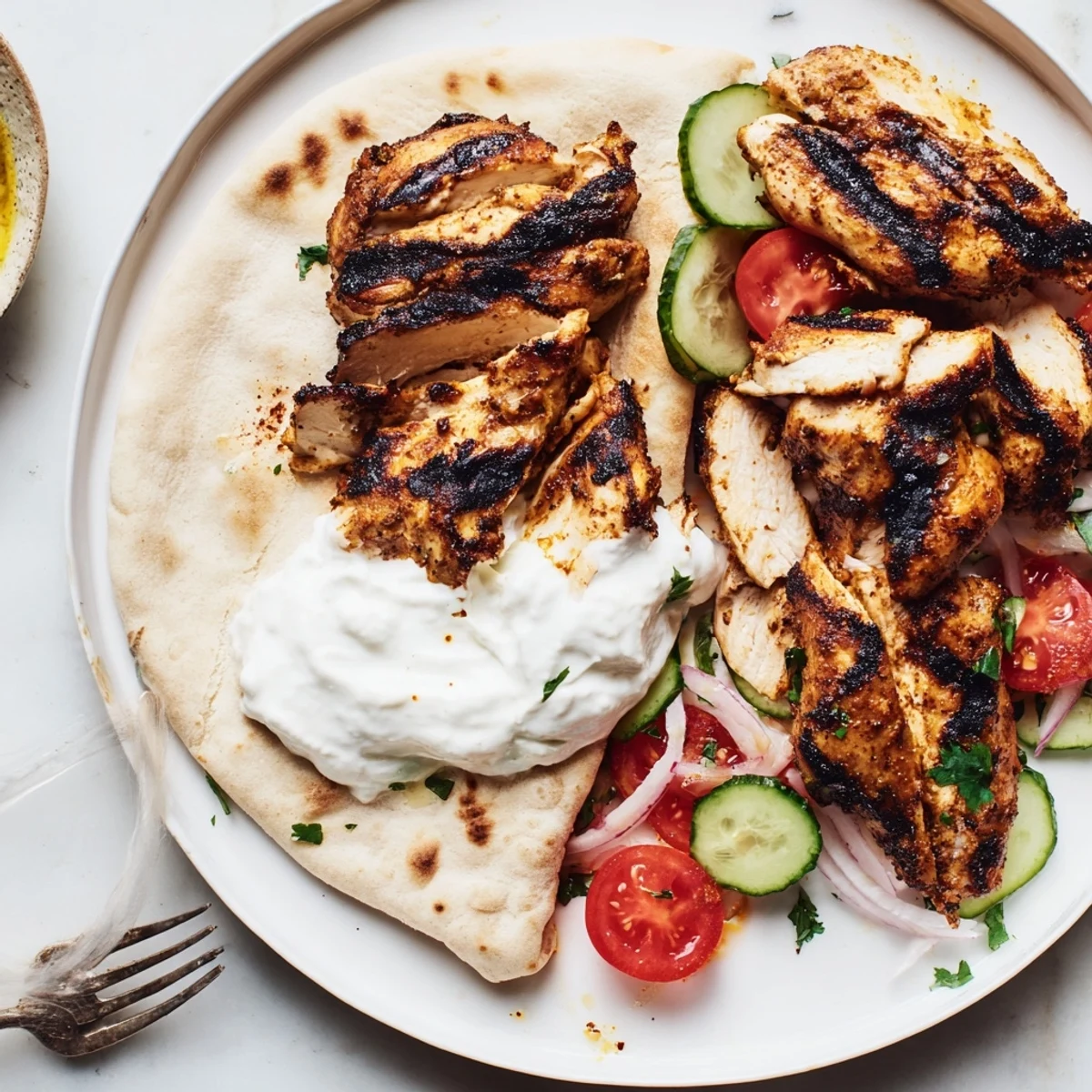 Grilled Shawarma Chicken With Garlic Sauce piled in warm pita, charred edges
