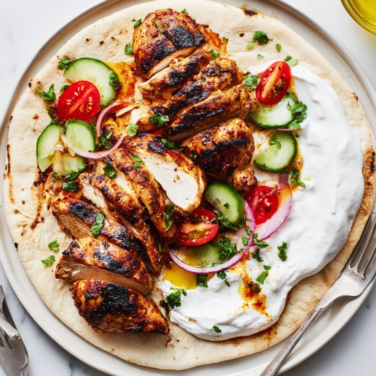 Juicy Shawarma Chicken With Garlic Sauce on rice, creamy toum drizzled generously