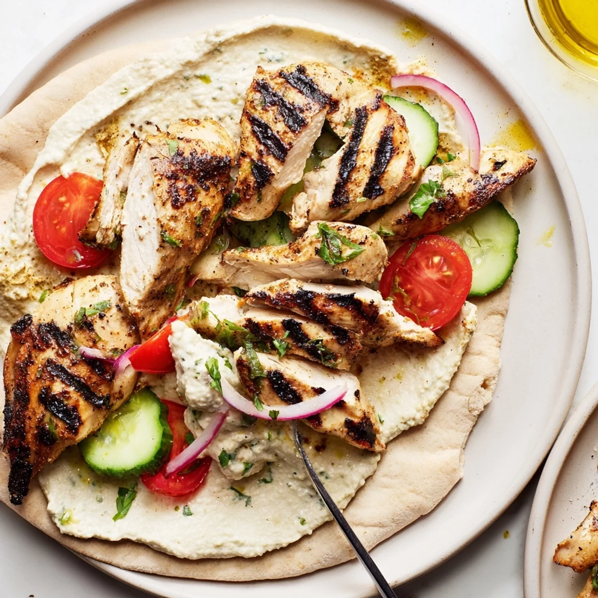 Sliced Shawarma Chicken With Garlic Sauce glistening with spices, served with fresh parsley