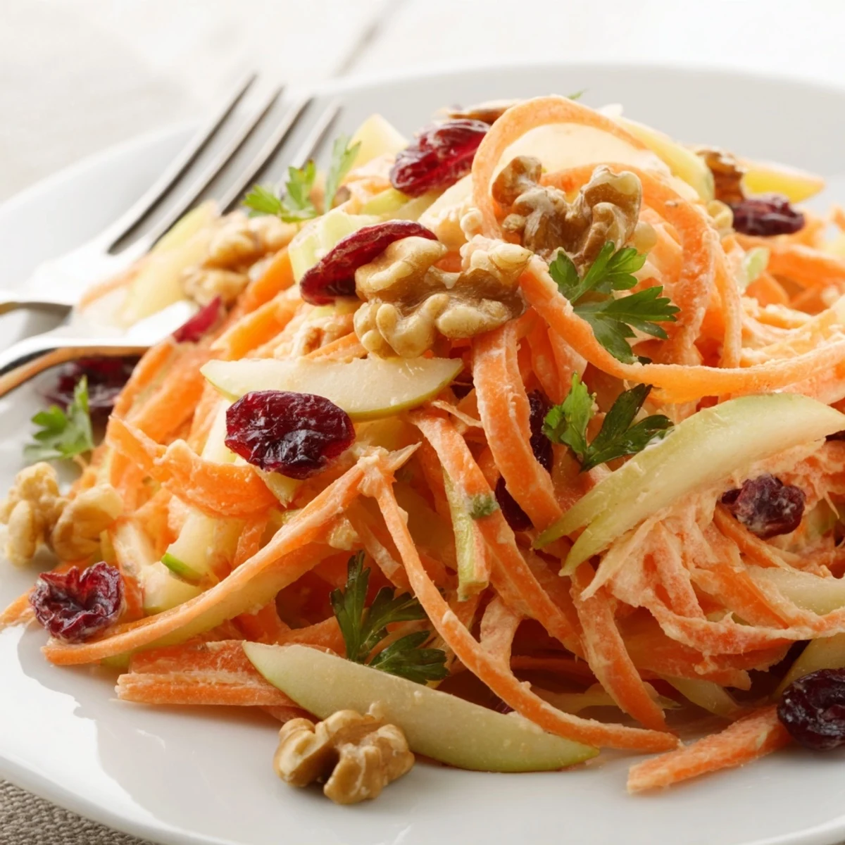 Crunchy Apple Carrot Salad With Creamy Citrus Dressing piled in wooden bowl, ready