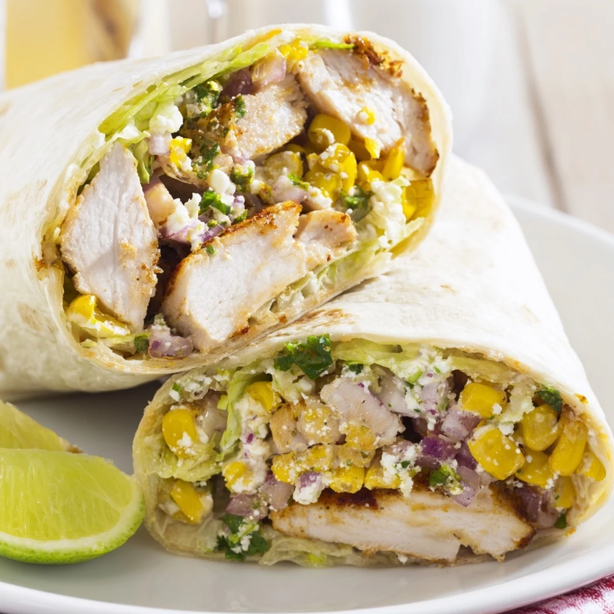 Quick Mexican Street Corn Chicken Wraps halved, showing juicy grilled chicken and creamy corn