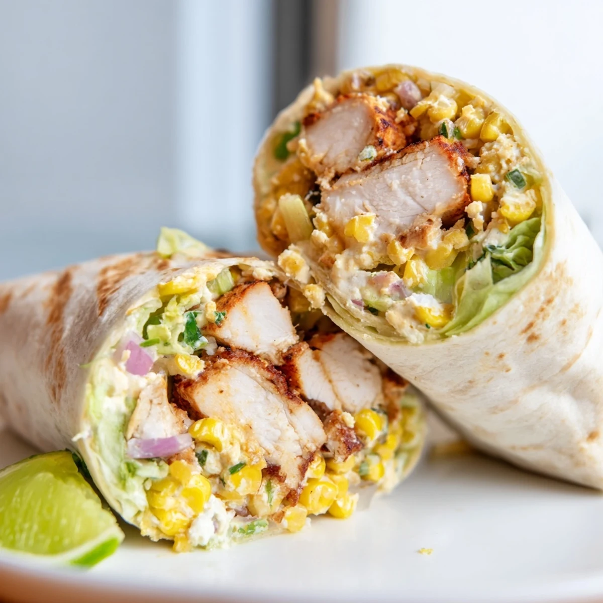 Savory Quick Mexican Street Corn Chicken Wraps wrapped tight, speckled with crumbled Cotija cheese
