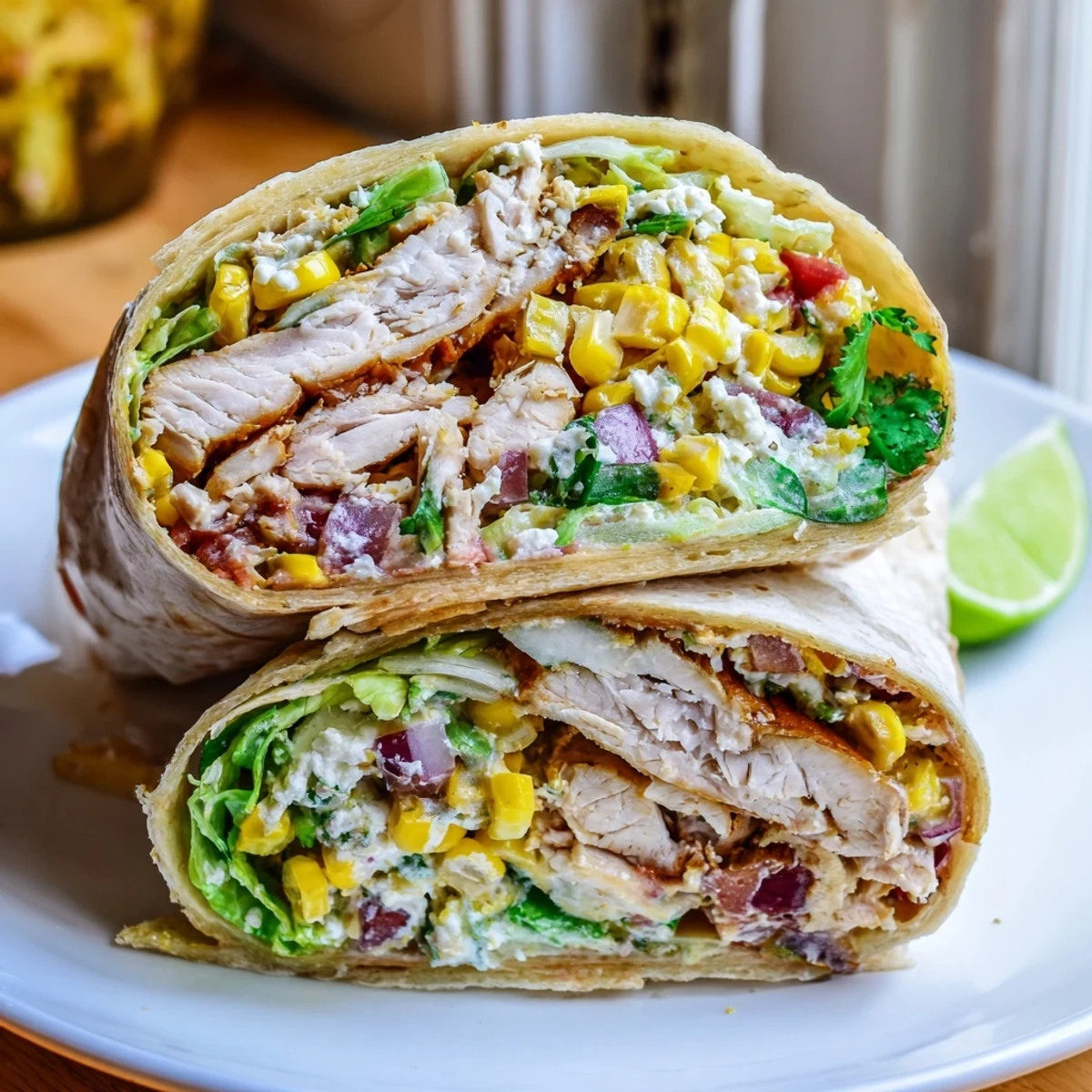 Bright Quick Mexican Street Corn Chicken Wraps on plate with lime wedges and cilantro