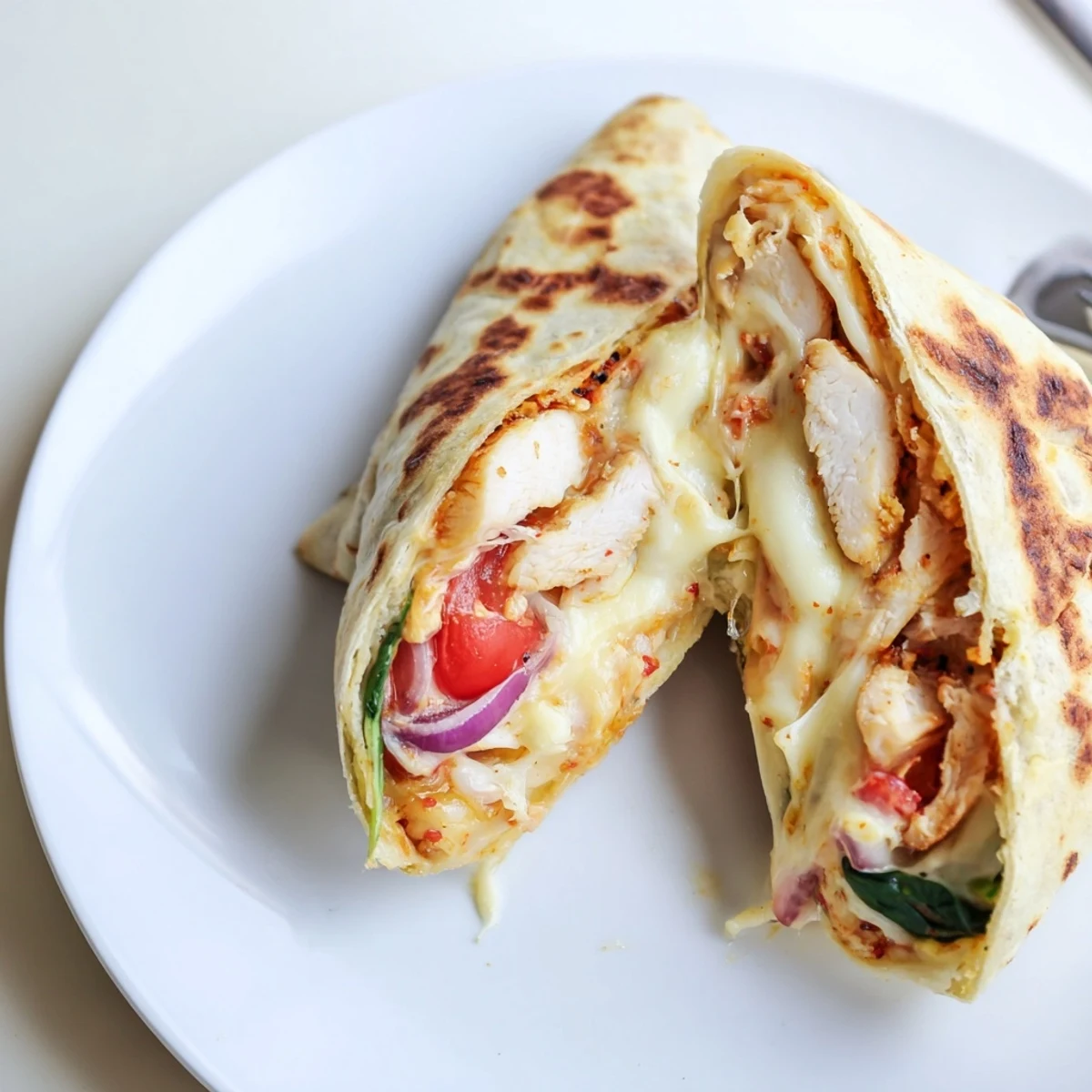 Cozy Cheesy Garlic Chicken Wraps sliced, gooey cheese oozing, grilled golden and steaming