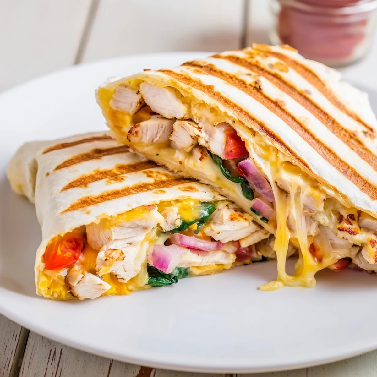 Warm Cozy Cheesy Garlic Chicken Wraps with tender garlic chicken, fresh spinach inside