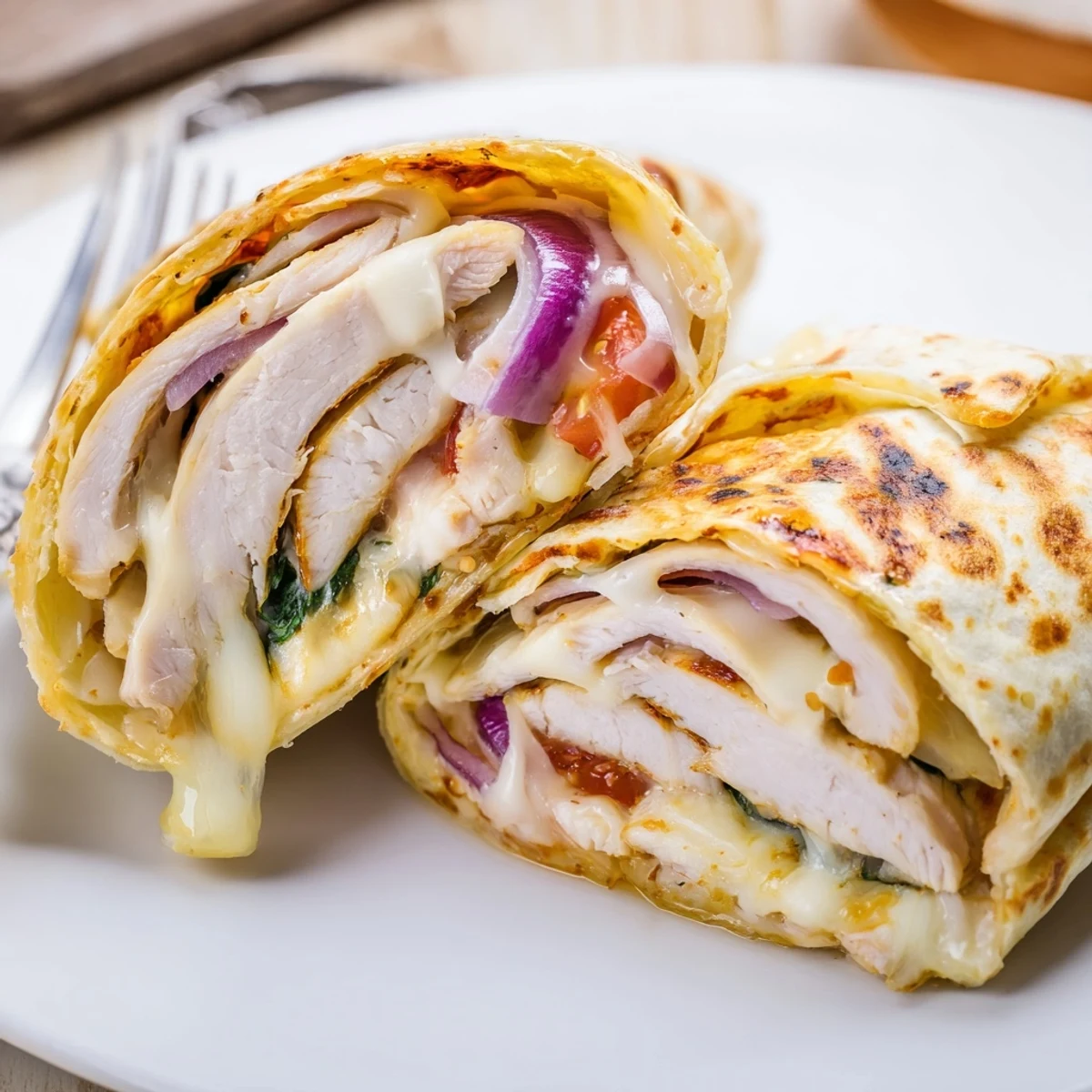 Pan-seared Cozy Cheesy Garlic Chicken Wraps served halved, tomato and melted cheddar