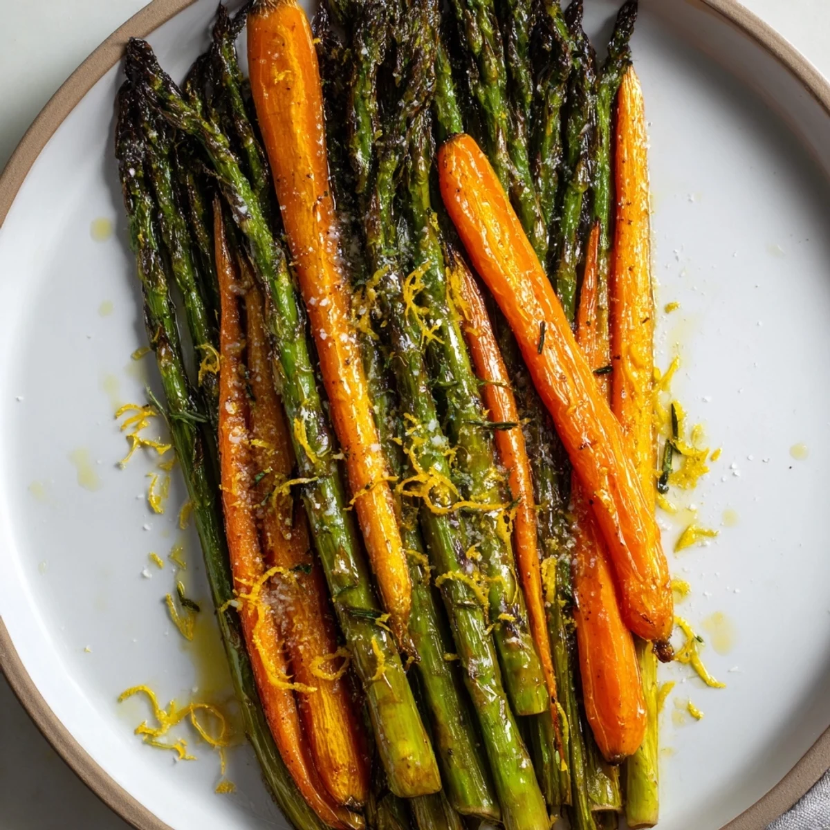 Roasted Asparagus Carrots glisten with lemon zest, tender, slightly charred, served warm