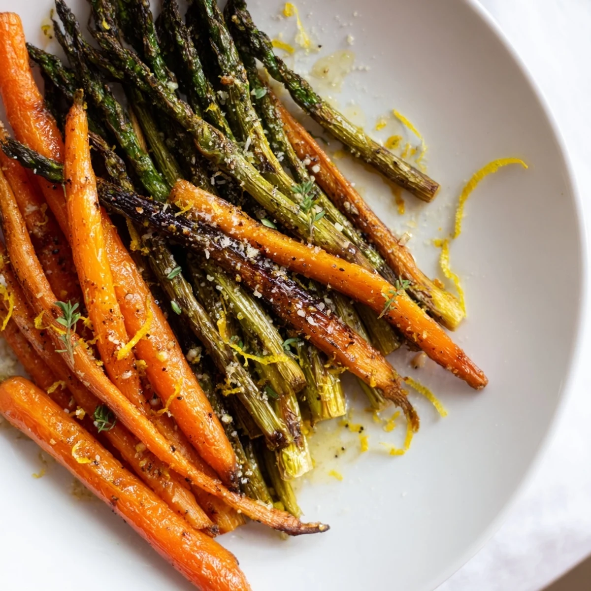 Warm Roasted Asparagus Carrots on a parchment lined sheet, herb scented and caramelized