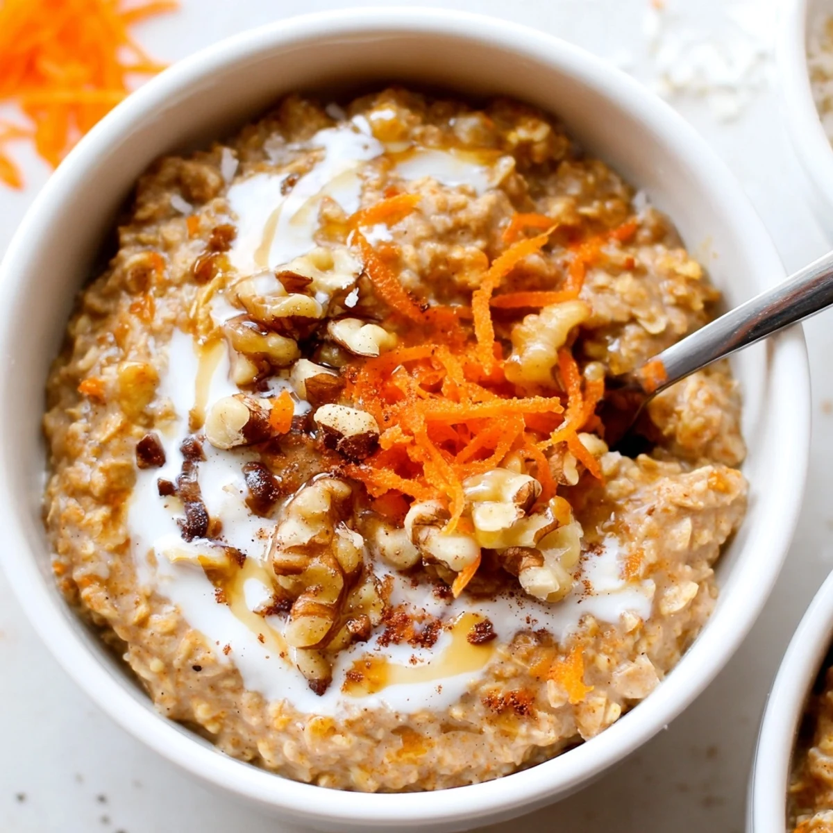 Creamy Carrot Cake Overnight Oats topped with chopped walnuts and maple drizzle.