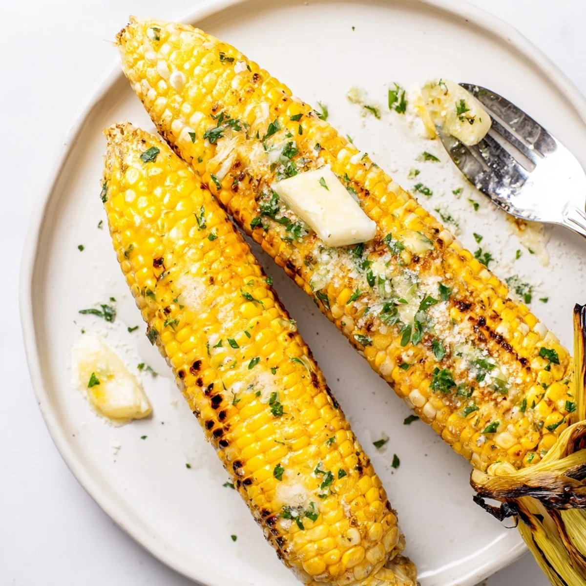 Close-up of Garlic Parmesan Corn On The Cob brushed with garlic butter.