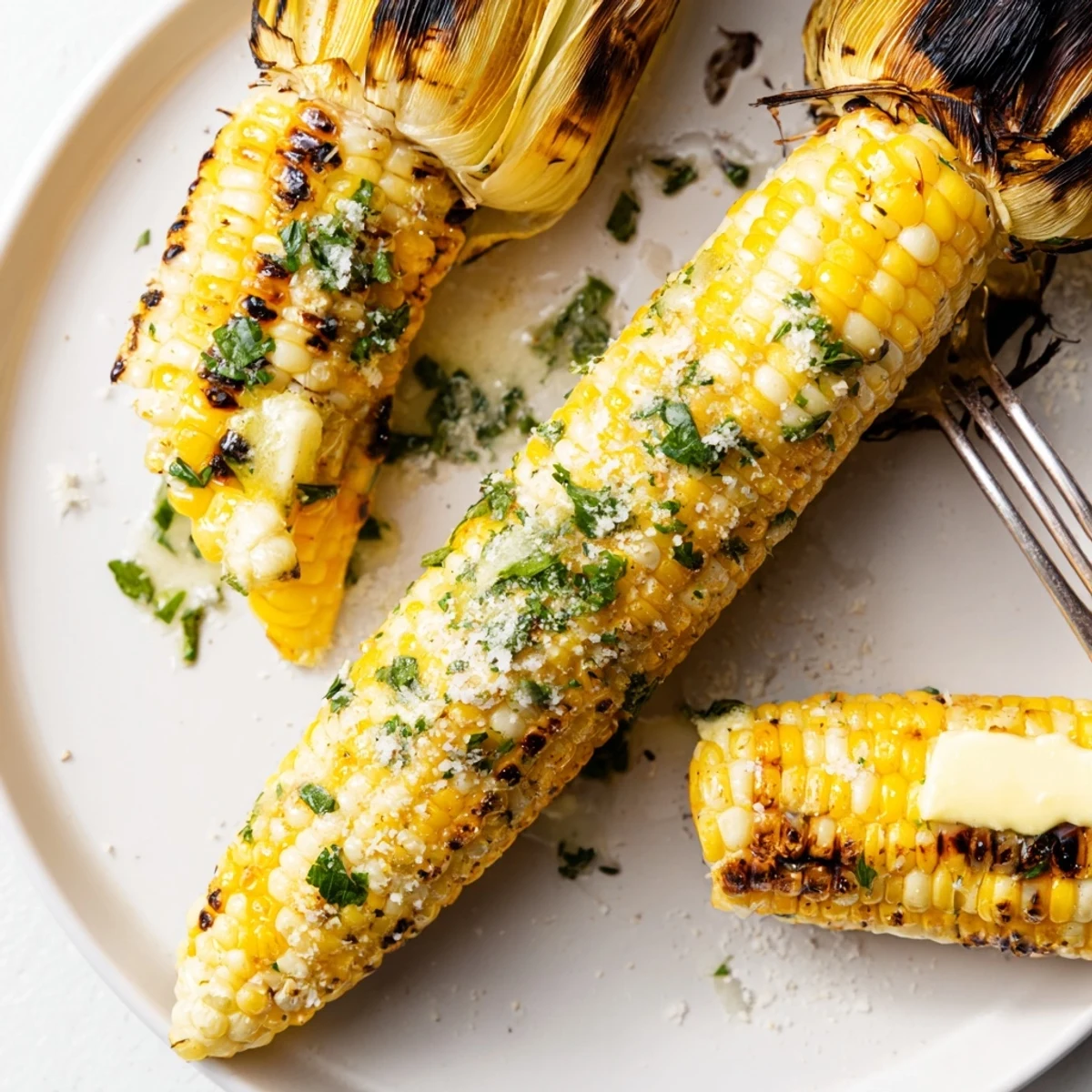 Grilled Garlic Parmesan Corn On The Cob, buttery, charred kernels, parsley garnish.
