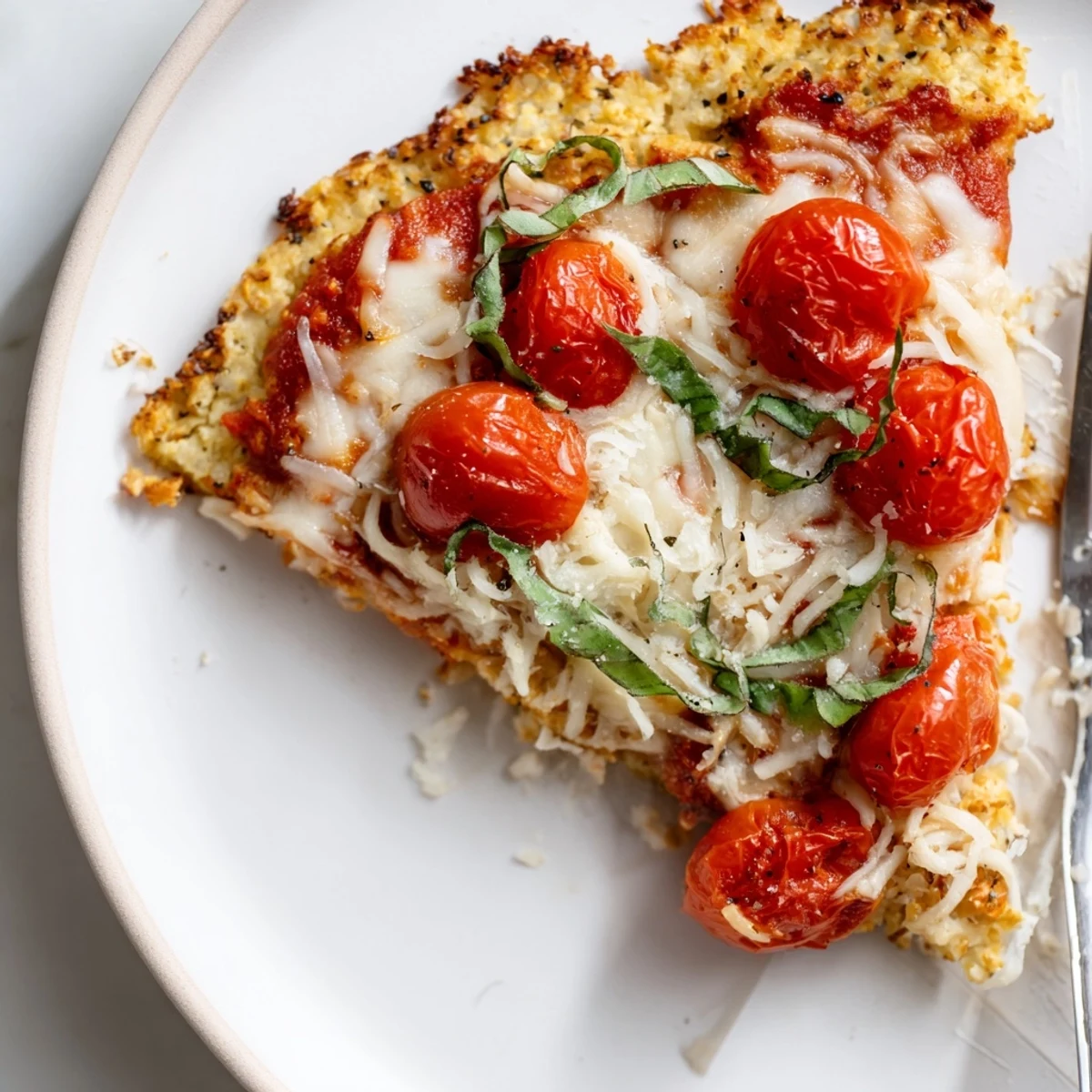 Warm Stone Baked Cheesy Cauliflower Keto Pizza sliced, fragrant basil and juicy tomatoes.