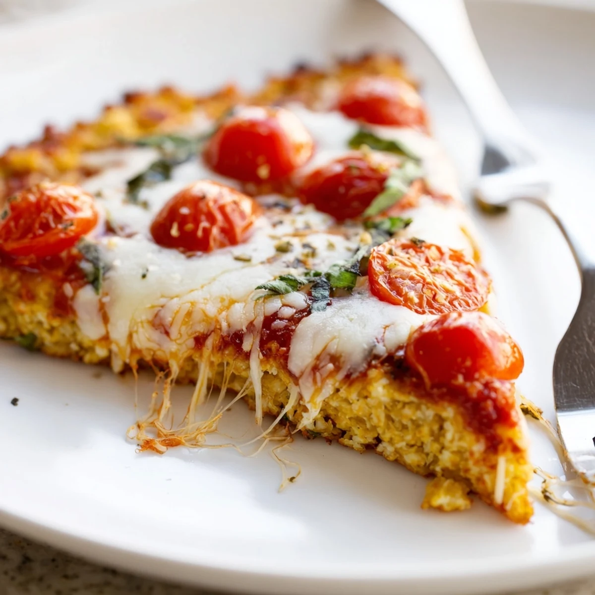 Stone Baked Cheesy Cauliflower Keto Pizza with golden crust and bubbling mozzarella.