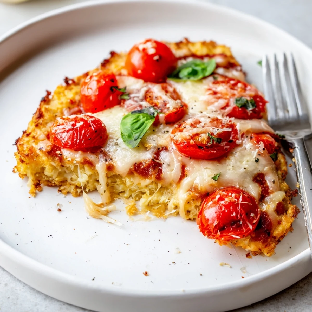 Stone Baked Cheesy Cauliflower Keto Pizza served hot on pizza stone, crisp edges.