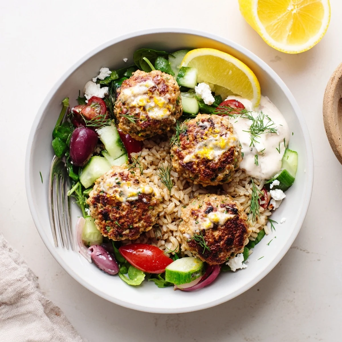 Turkey Mediterranean Meatballs Bowl with golden baked meatballs, tangy yogurt drizzle