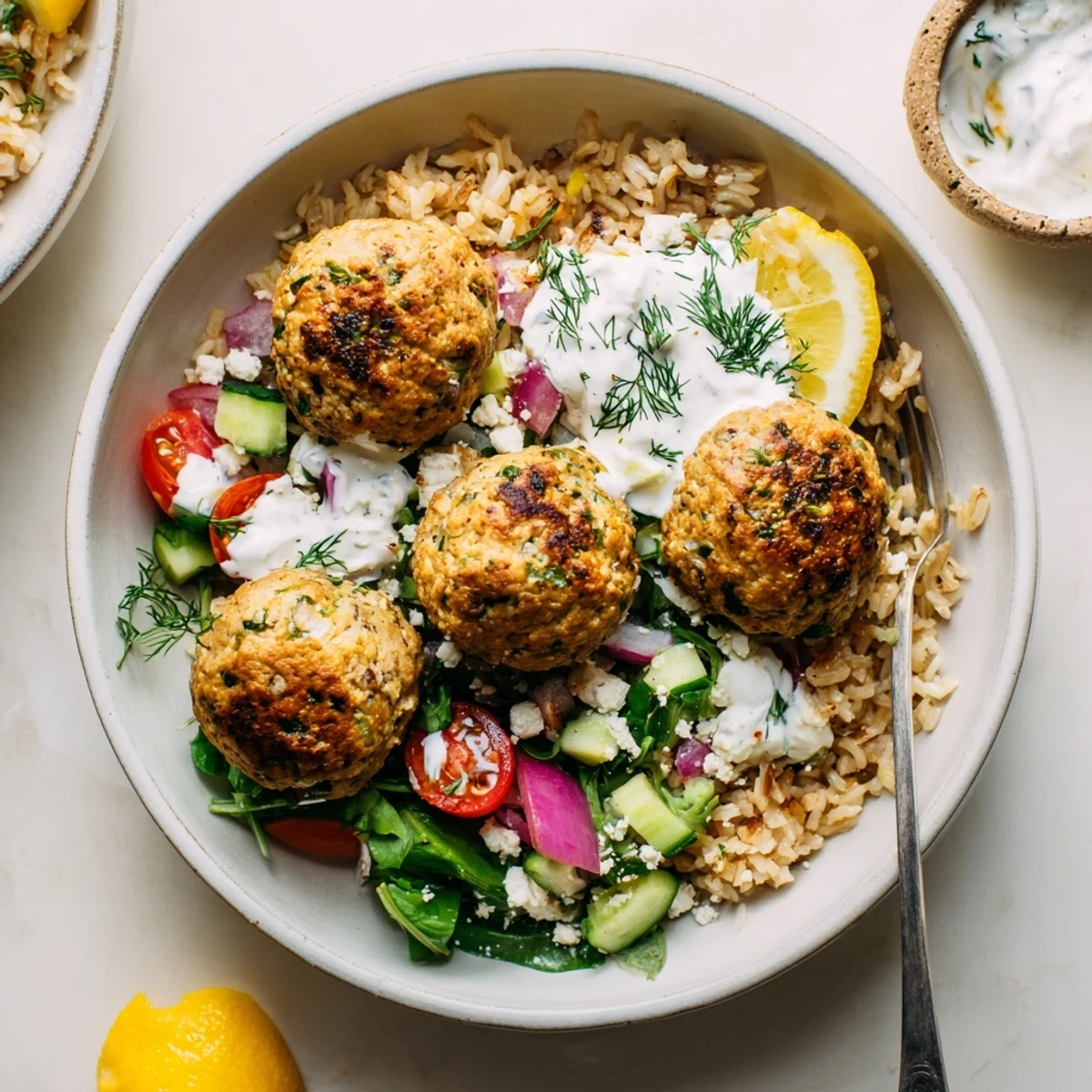 Bright Turkey Mediterranean Meatballs Bowl layered with crisp greens, feta, lemon wedges