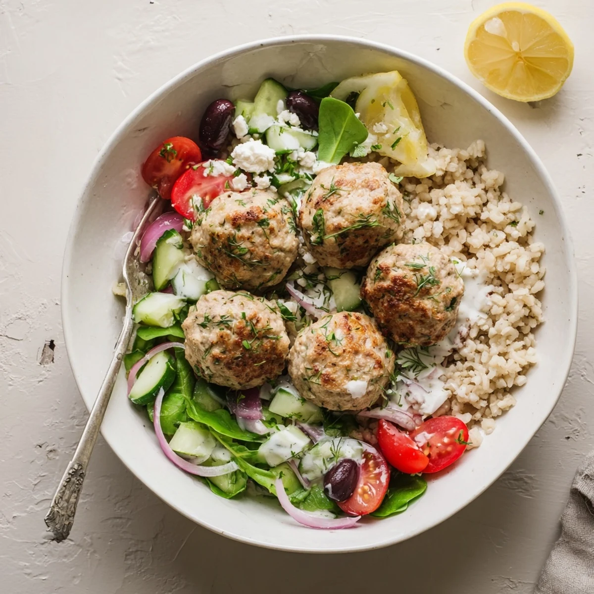 Hearty Turkey Mediterranean Meatballs Bowl on quinoa base, aromatic herbs, olive oil