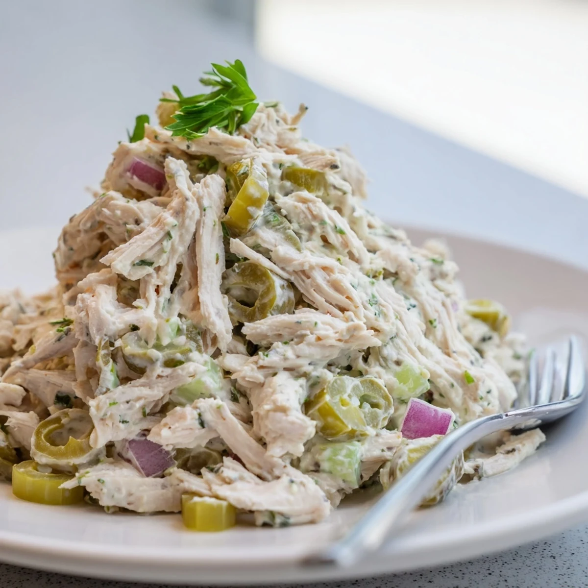 Chilled High Protein Pepperoncini Chicken Salad served over mixed greens, creamy zesty dressing