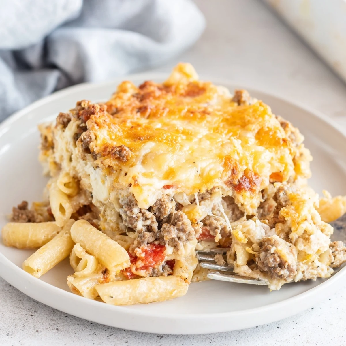 Hearty Cheesy Baked Casserole bubbling with golden cheese, served with crusty bread.