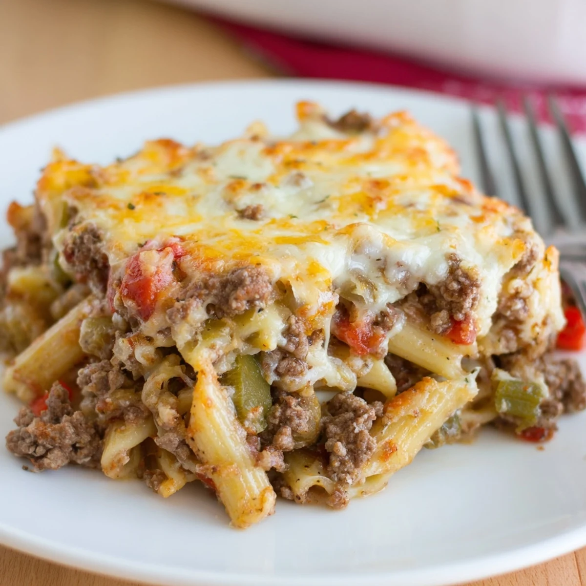 Fresh from the oven Hearty Cheesy Baked Casserole with browned edges and creamy filling.