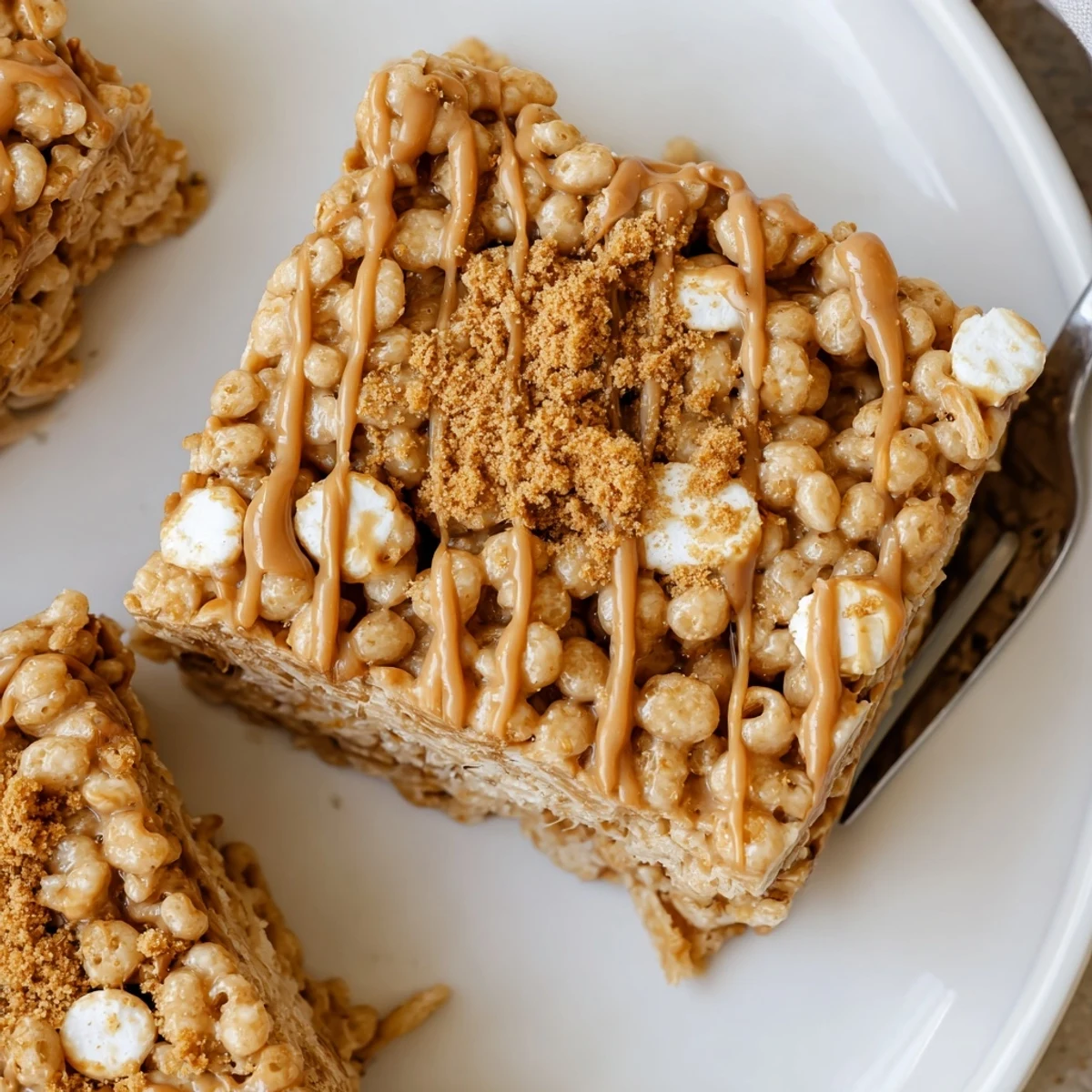 Biscoff Rice Krispie Treats glistening with caramel drizzle, cooling on parchment.
