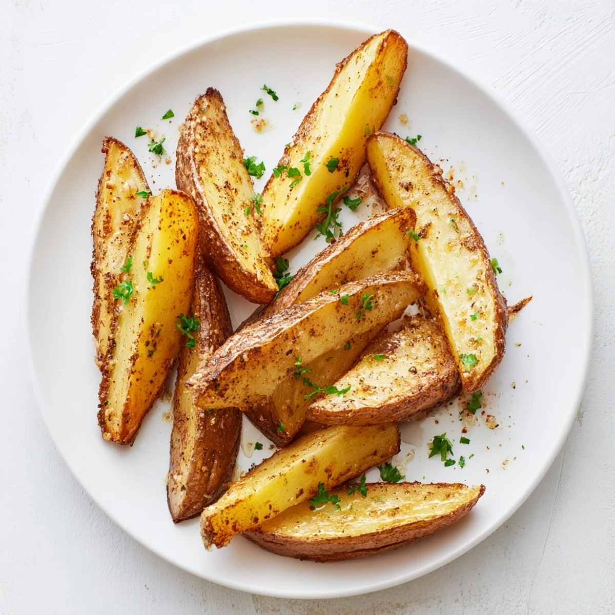 Golden oven-baked potato wedges with crispy edges and fluffy centers, sprinkled with parsley.
