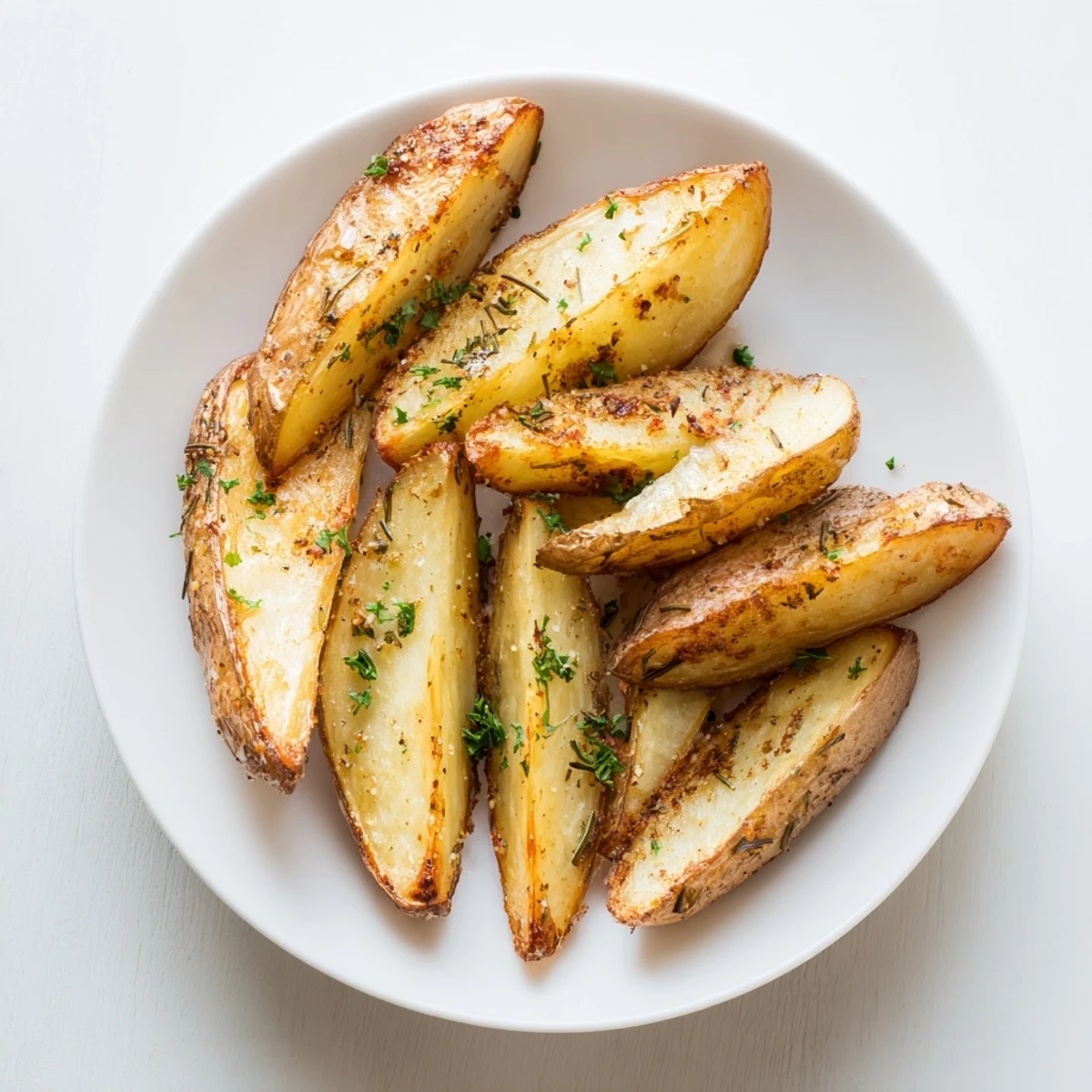 Crispy potato wedges served hot on a baking sheet beside garlic aioli dip.