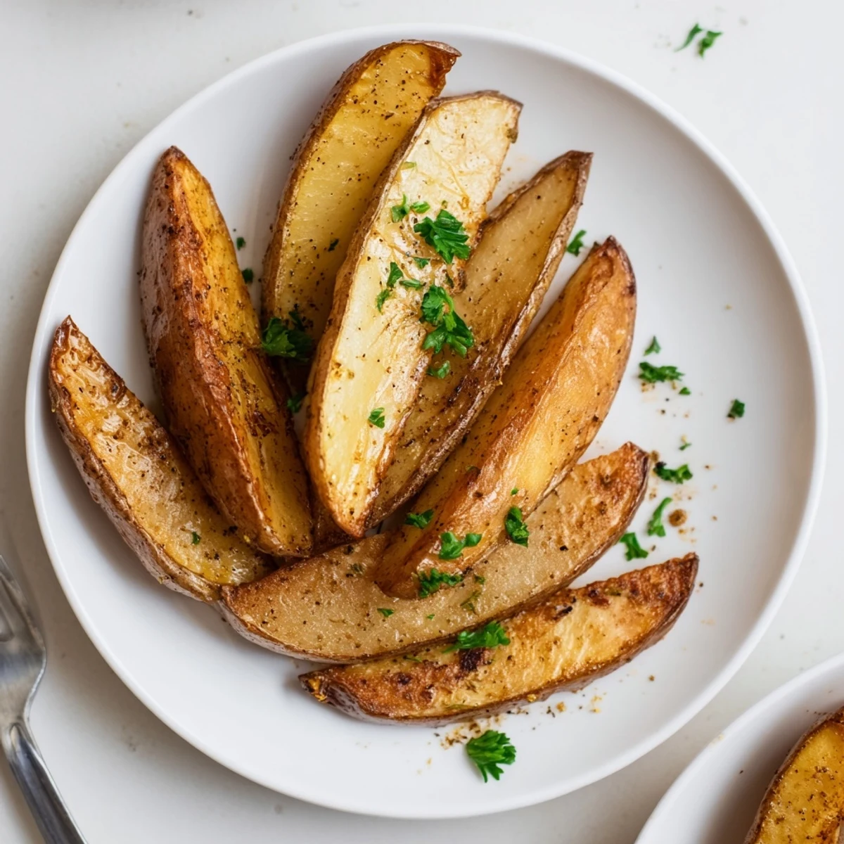 Seasoned potato wedges roasted to golden brown, perfect with ketchup or aioli.