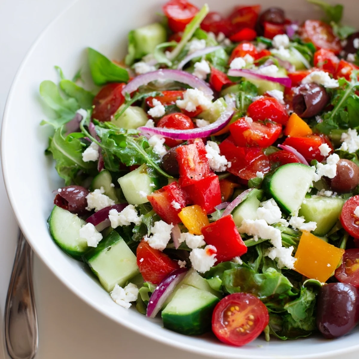 Bright Fresh Salad Recipe tossed with feta, olives, and peppery arugula
