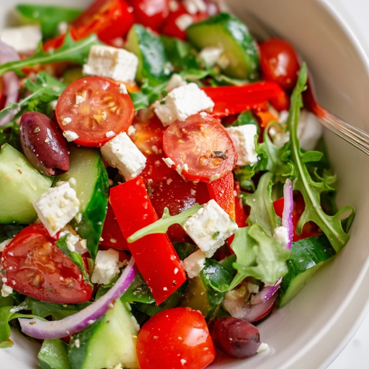 Simple Fresh Salad Recipe served immediately, crunchy greens, sweet tomatoes, tangy dressing