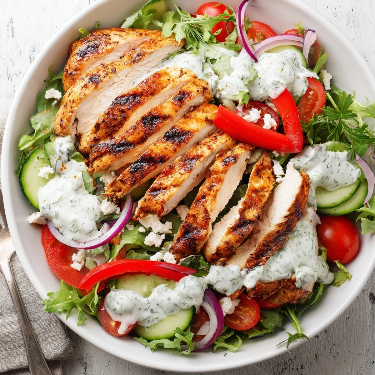 Grilled Chicken Salad with avocado herb dressing, sliced warm chicken over greens.