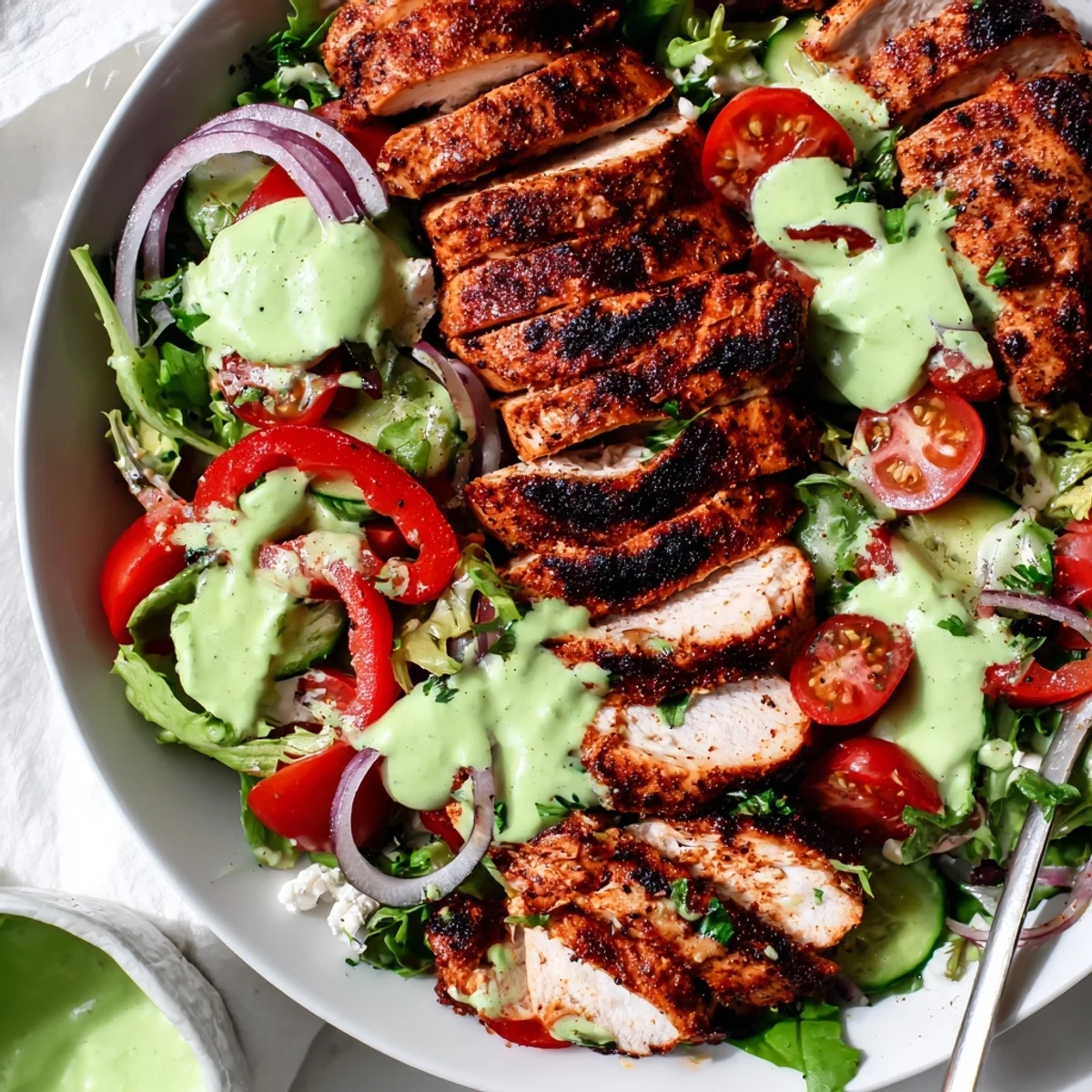 Bright Grilled Chicken Salad topped with creamy avocado herb dressing and feta.