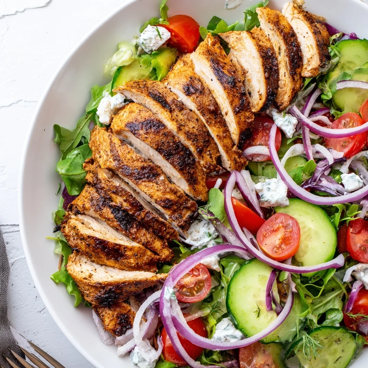 Summer-ready Grilled Chicken Salad drizzled in zesty avocado herb dressing, lime.