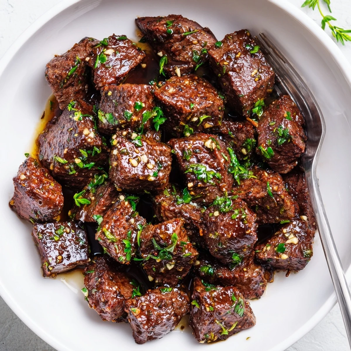 Garlic Butter Steak Bites served over mashed potatoes, juicy garlic-butter sauce