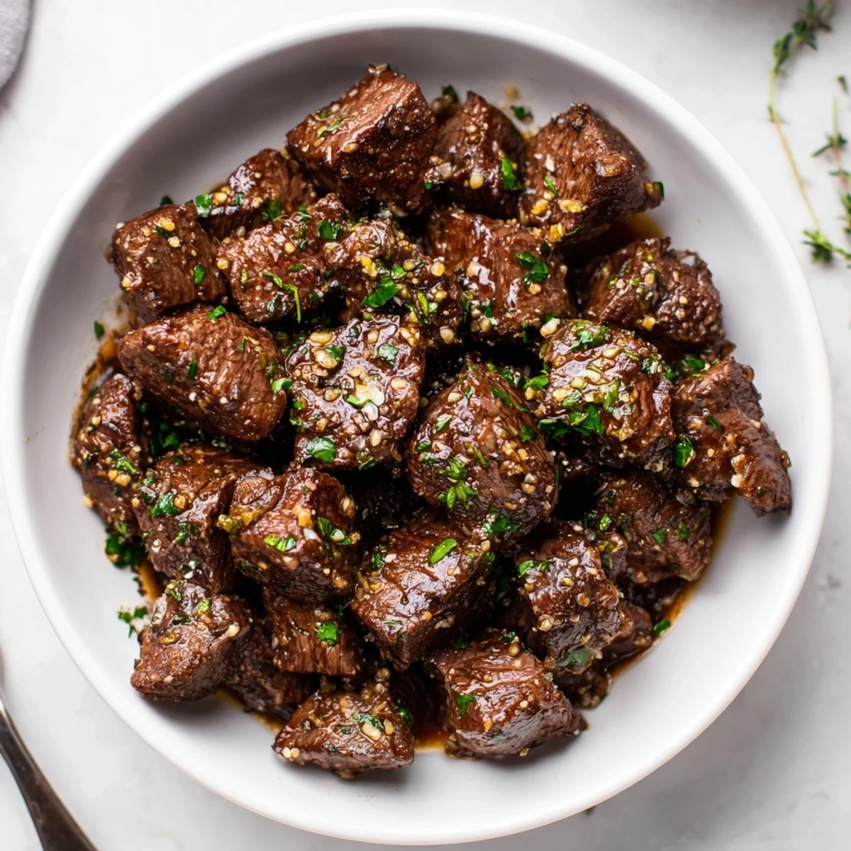 Sizzling Garlic Butter Steak Bites in a cast-iron pan with golden crust