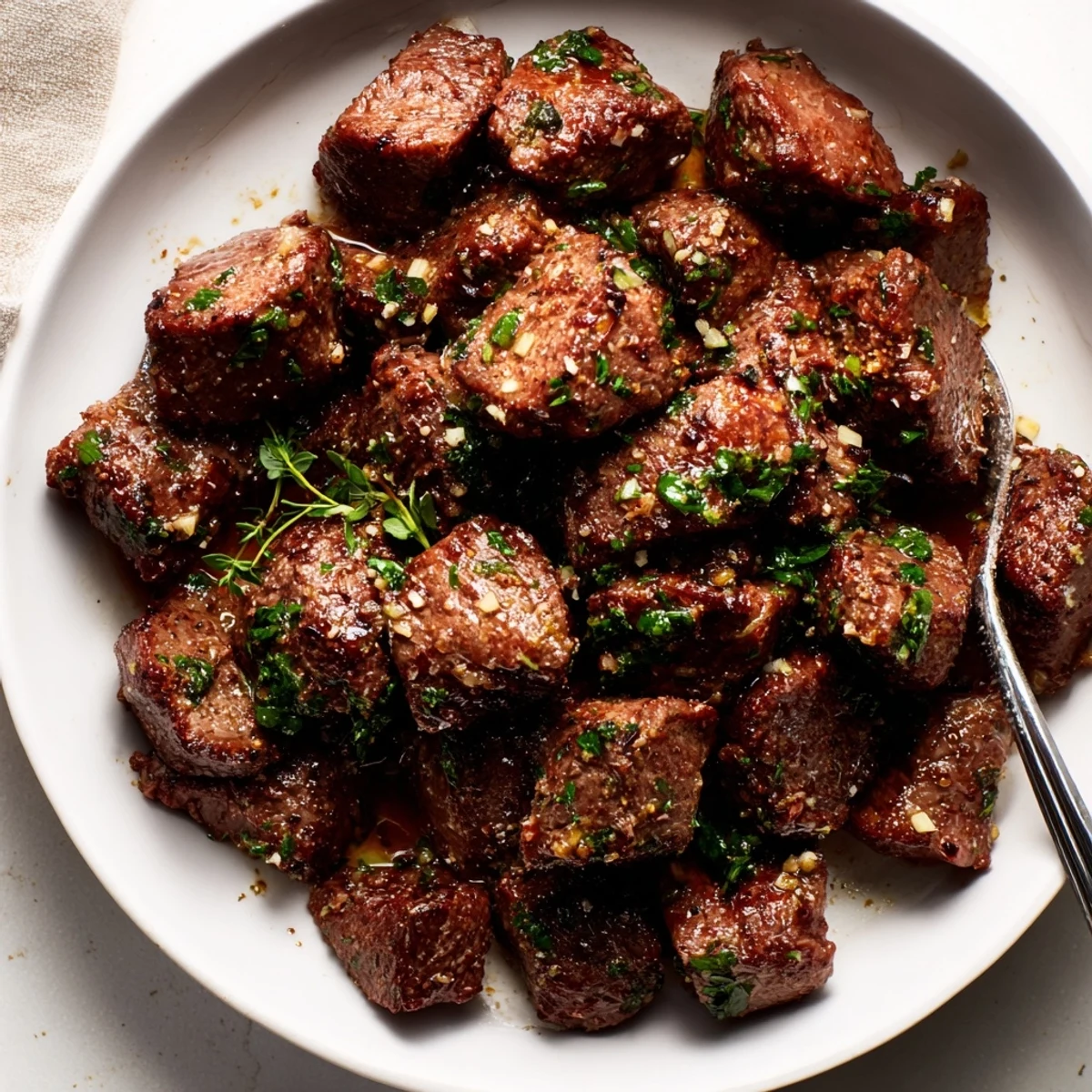 Pan-seared Garlic Butter Steak Bites tossed with parsley and buttery glaze