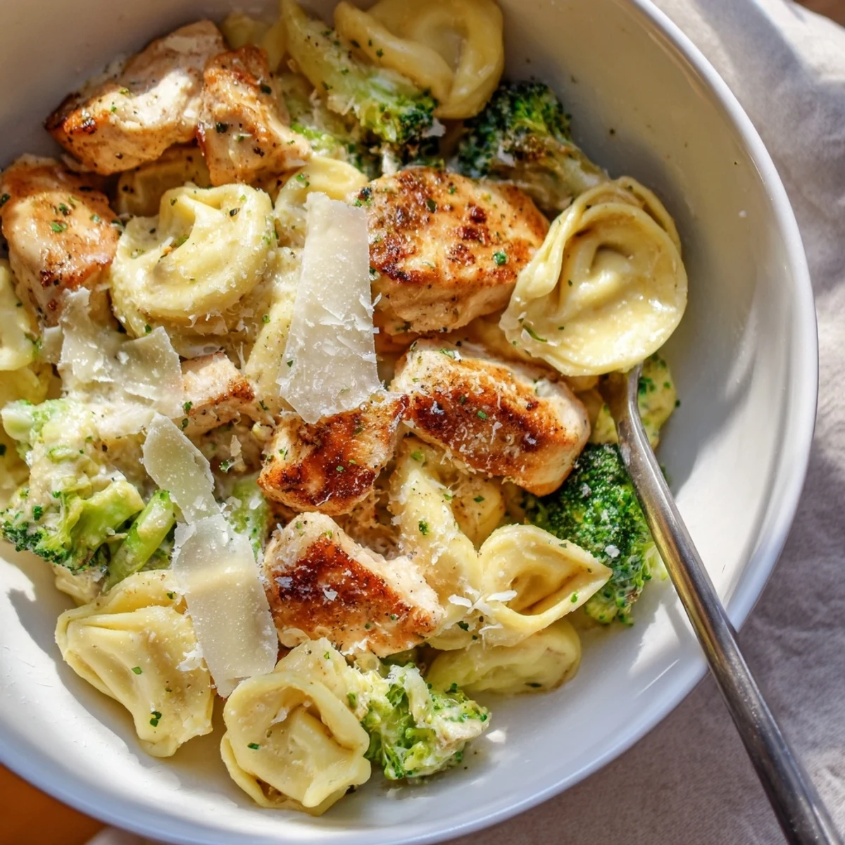 Creamy Garlic Parmesan Tortellini Chicken Broccoli Recipe with golden chicken and steaming broccoli florets