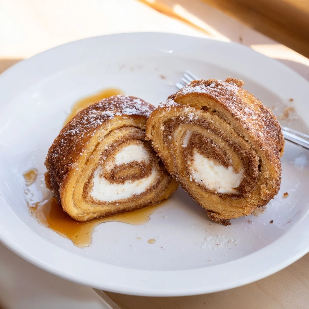 Drizzled with maple syrup, Cinnamon Roll French Toast Roll Ups plated for brunch