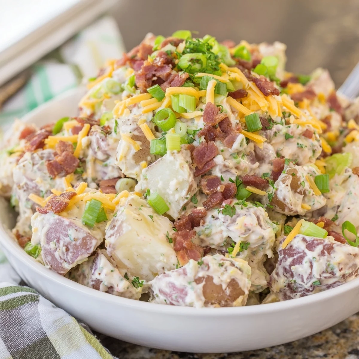 Large bowl of Beef Bacon Loaded Potato Salad, creamy, cheesy, crispy bacon garnish  