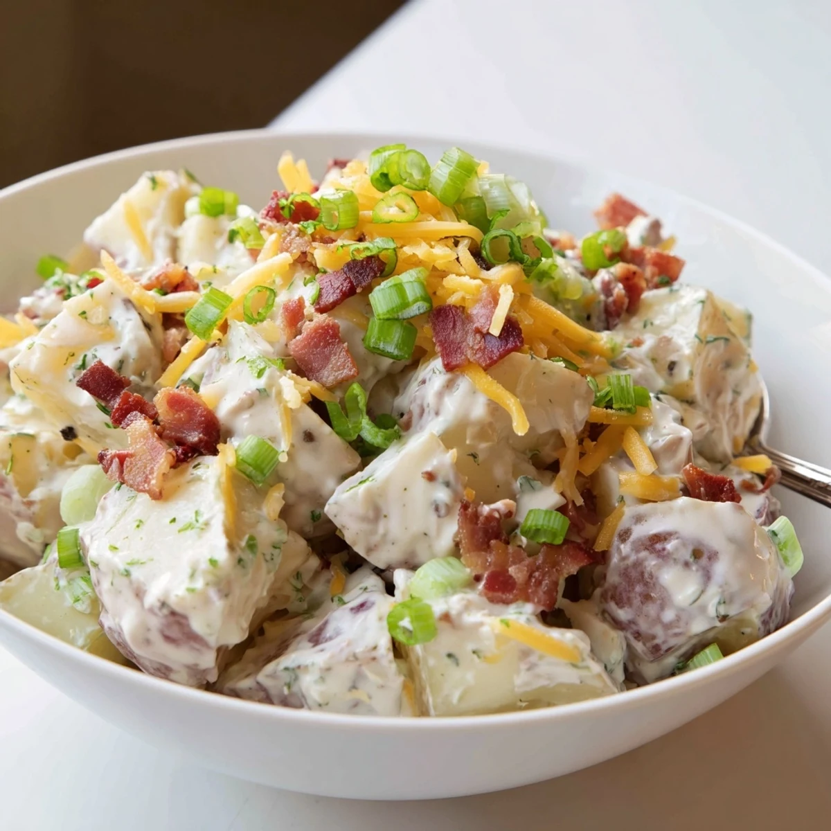 Beef Bacon Loaded Potato Salad piled high, tangy dressing, sharp cheddar sprinkled