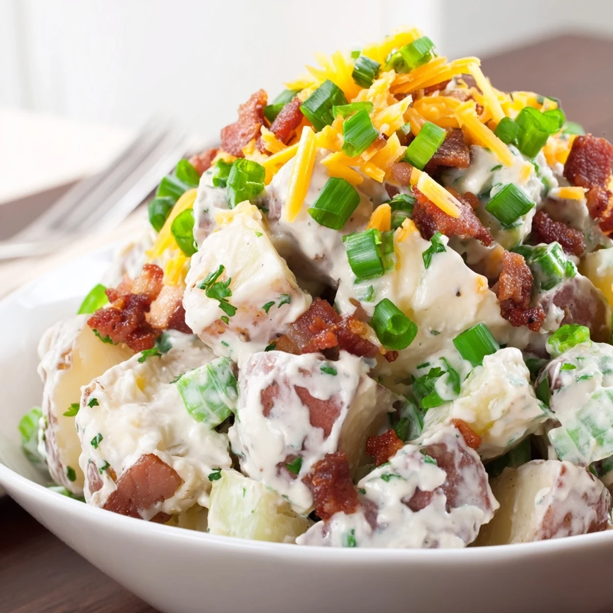 Beef Bacon Loaded Potato Salad with warm buttered potatoes and fresh parsley  