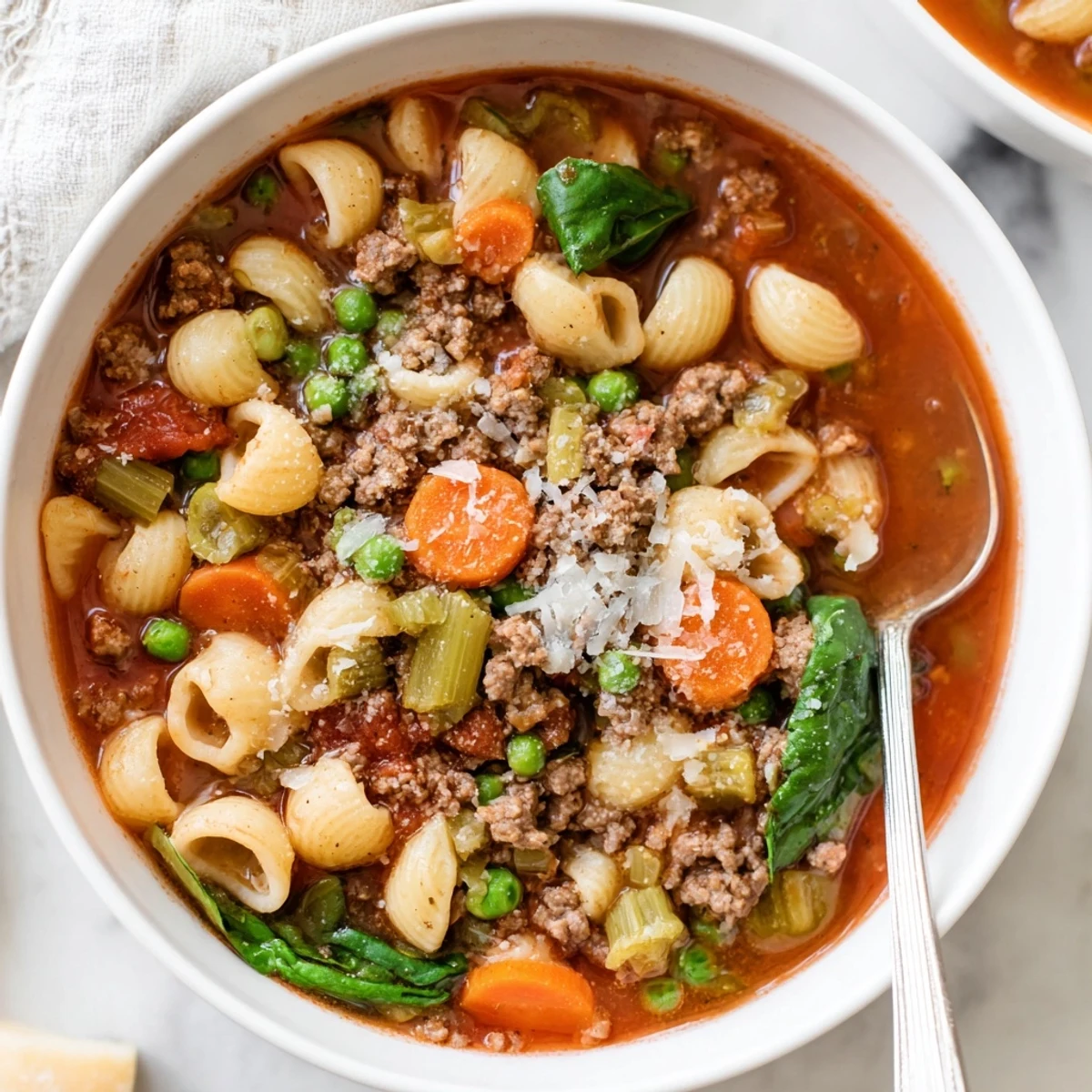 Steaming bowl of Delicious Homemade Ground Beef Pasta Soup Recipe For Comfort