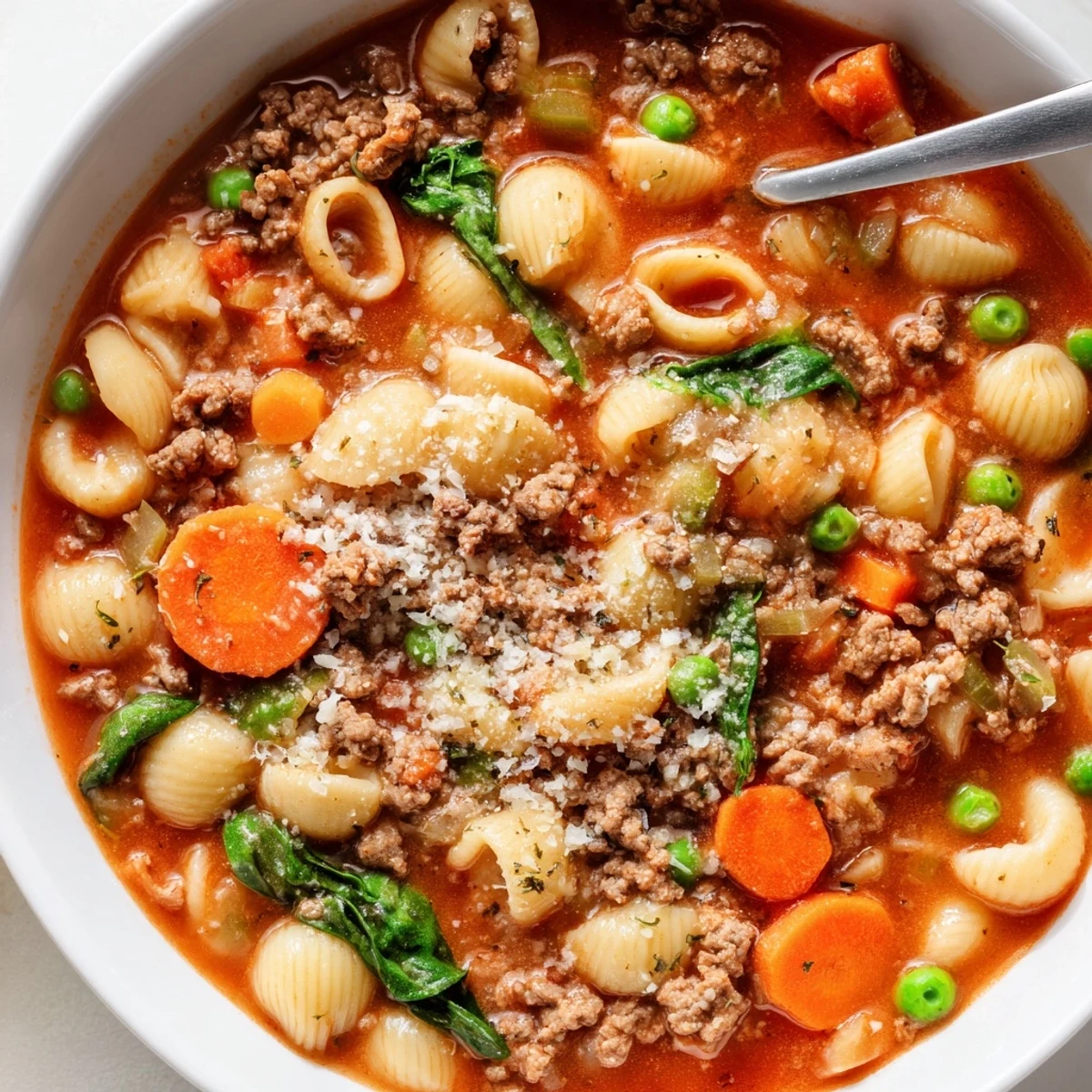 Hearty ladle pouring savory Delicious Homemade Ground Beef Pasta Soup Recipe For Comfort