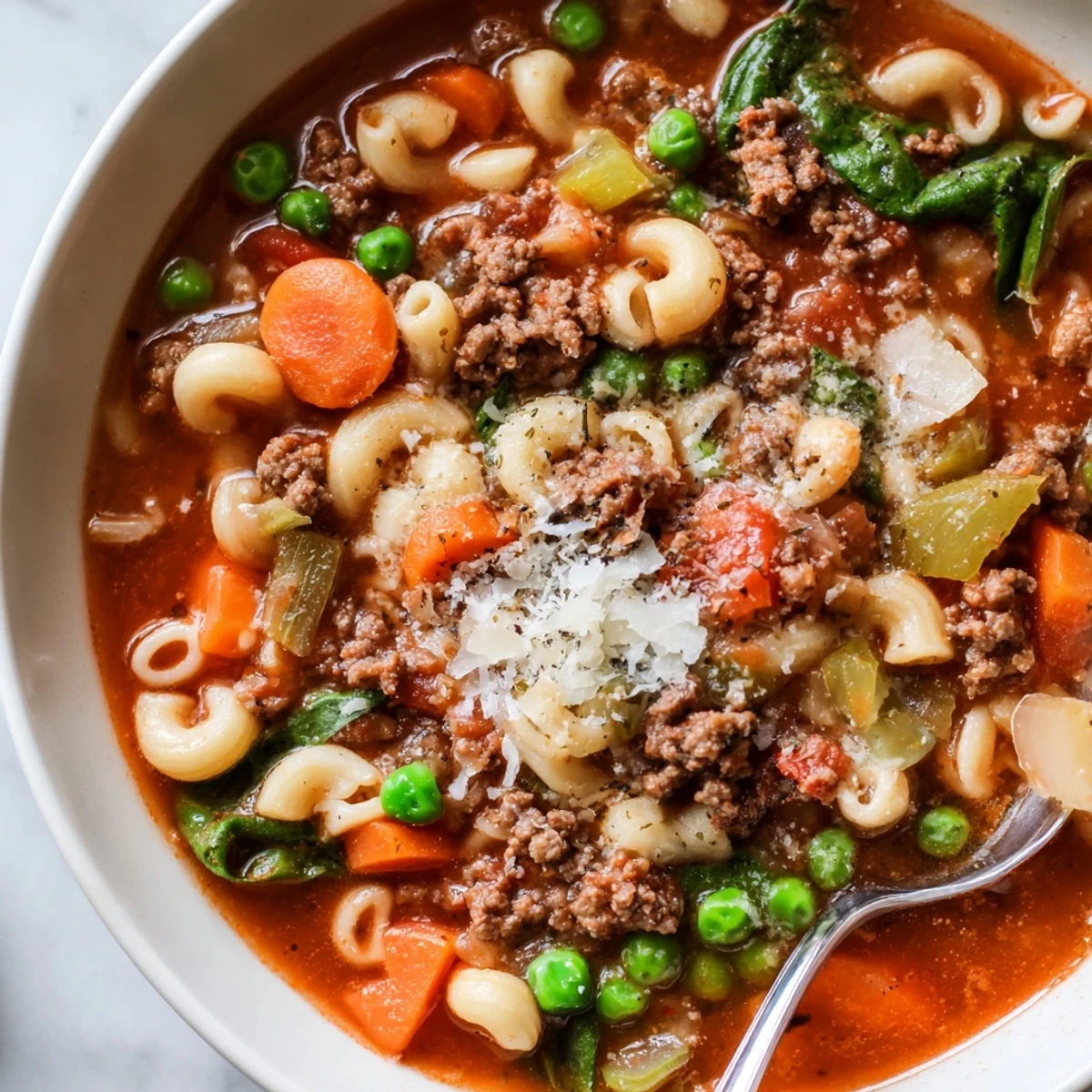 Crusty bread beside bowl of Delicious Homemade Ground Beef Pasta Soup Recipe For Comfort
