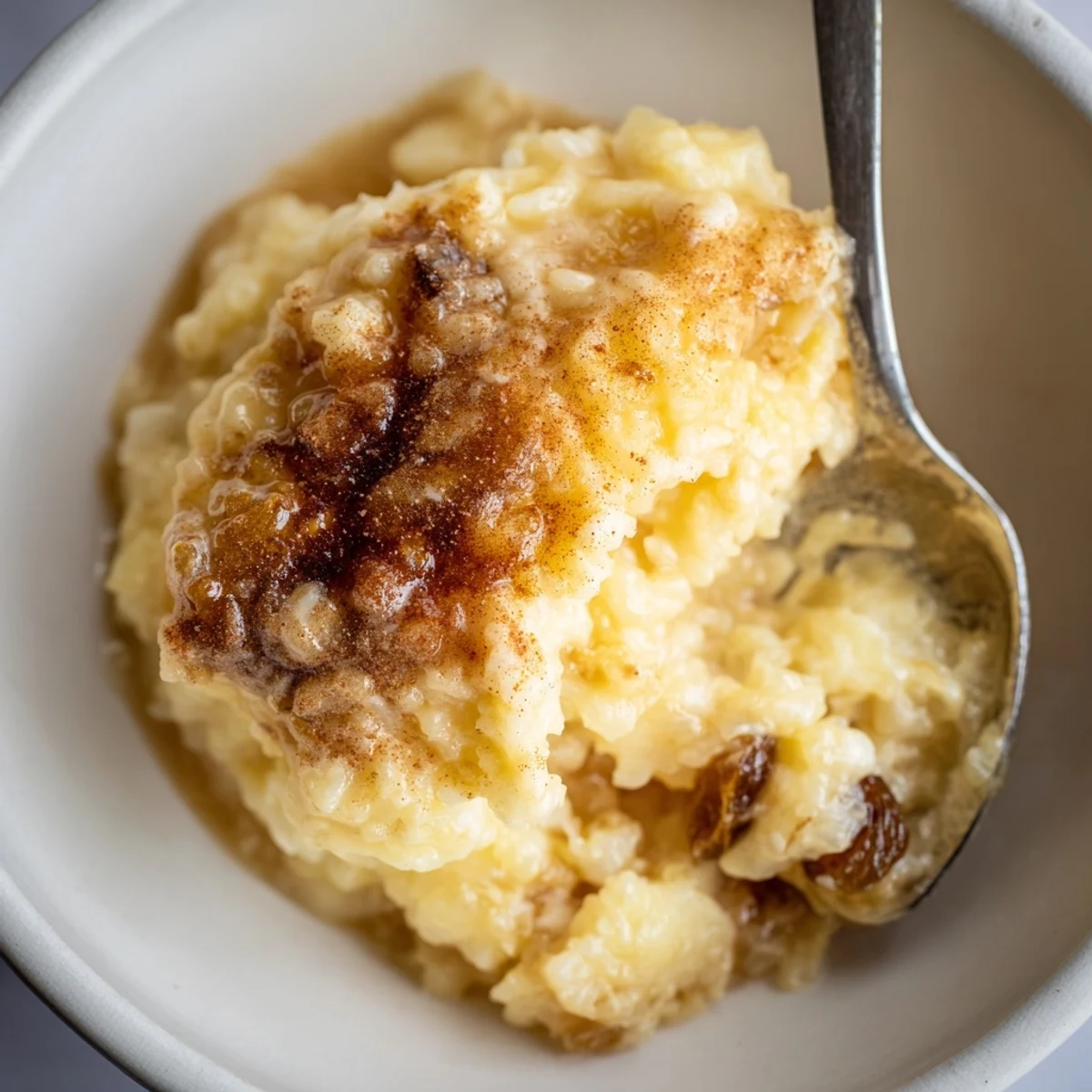 Spoonful of Delicious Condensed Milk Baked Rice Pudding, warm and custardy
