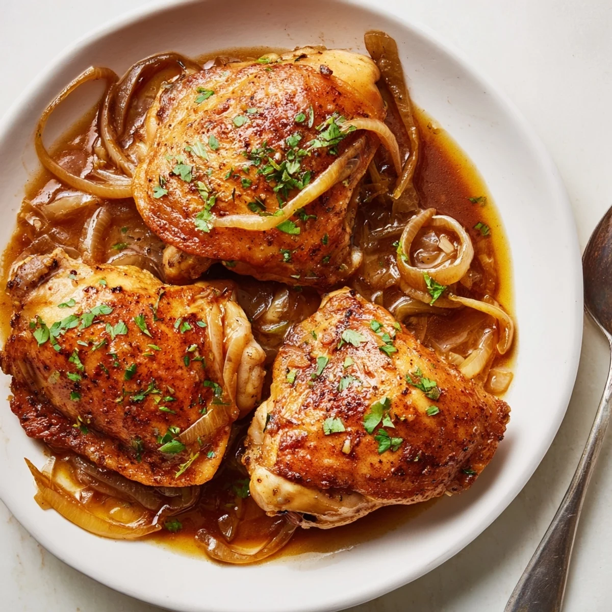 Savory Smothered Chicken Thighs In Rich Gravy Recipe with caramelized onions steaming