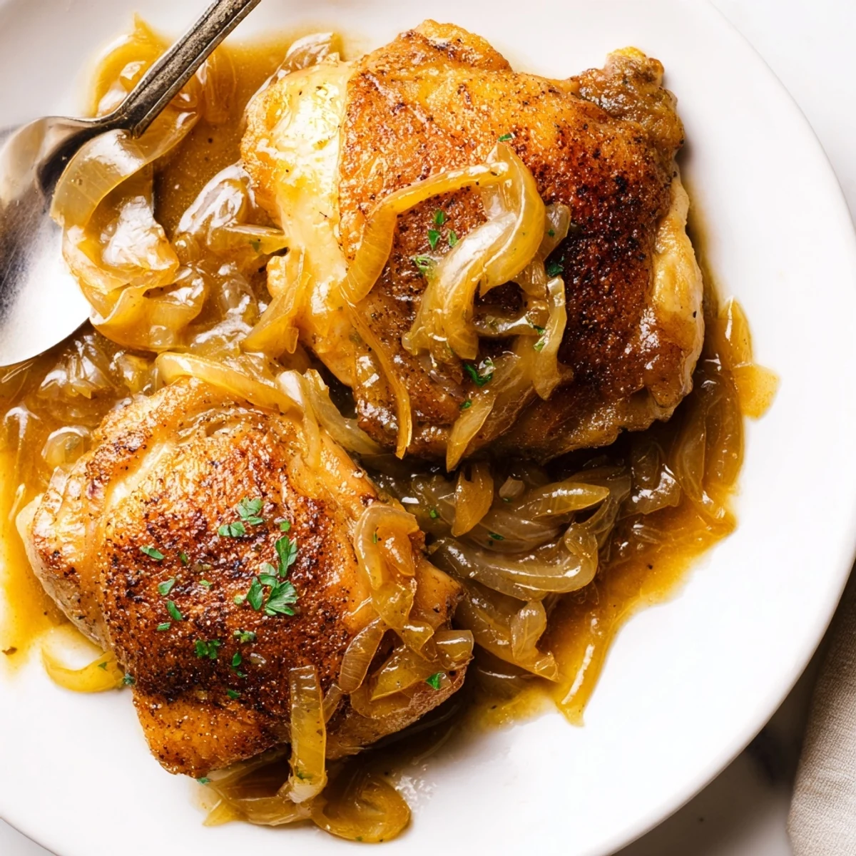 Skillet of Savory Smothered Chicken Thighs In Rich Gravy Recipe, fork-tender and glossy